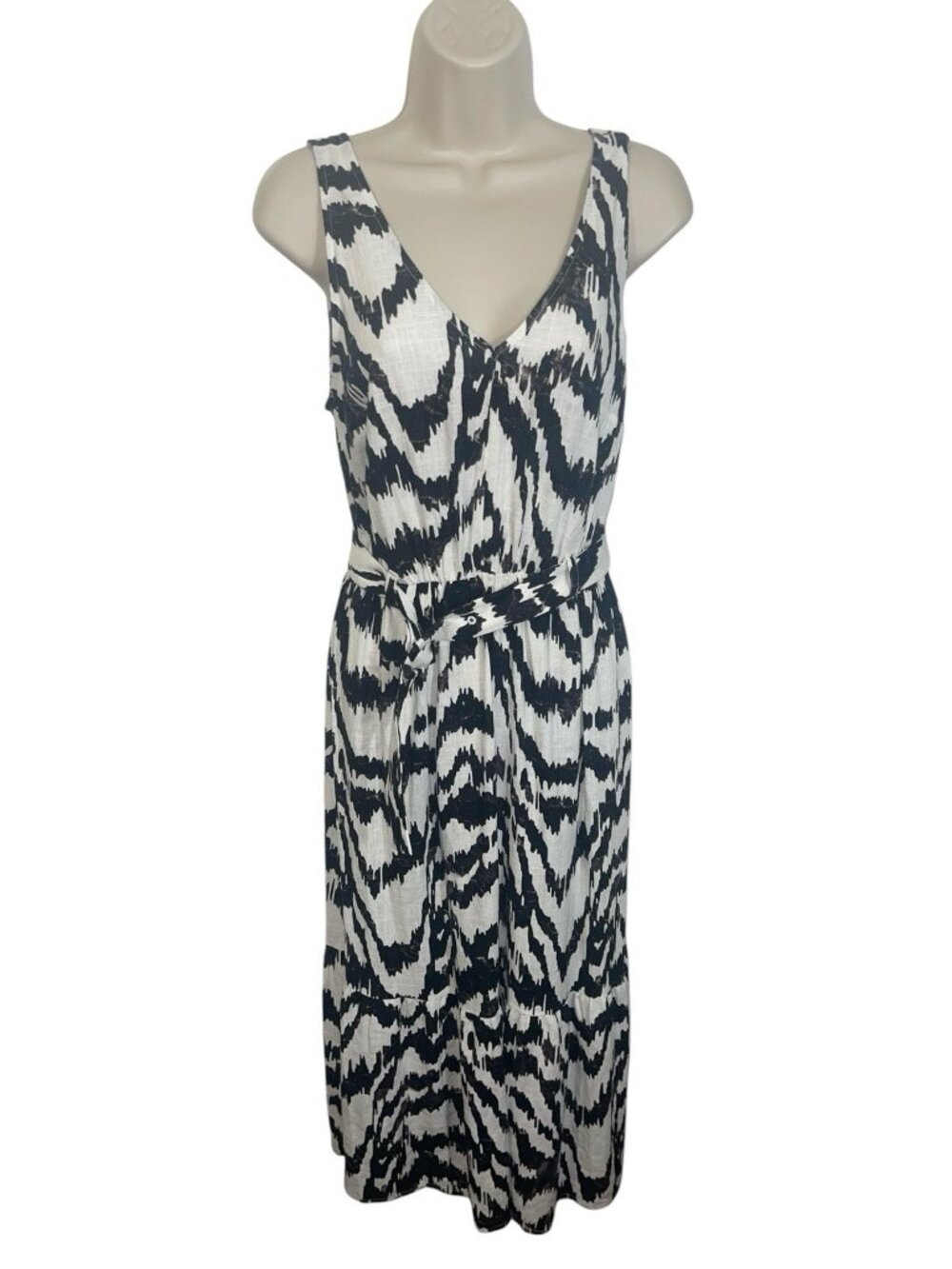 NINE WEST Women's Small Zebra Print Belted Linen Blend Midi Dress Retail $60